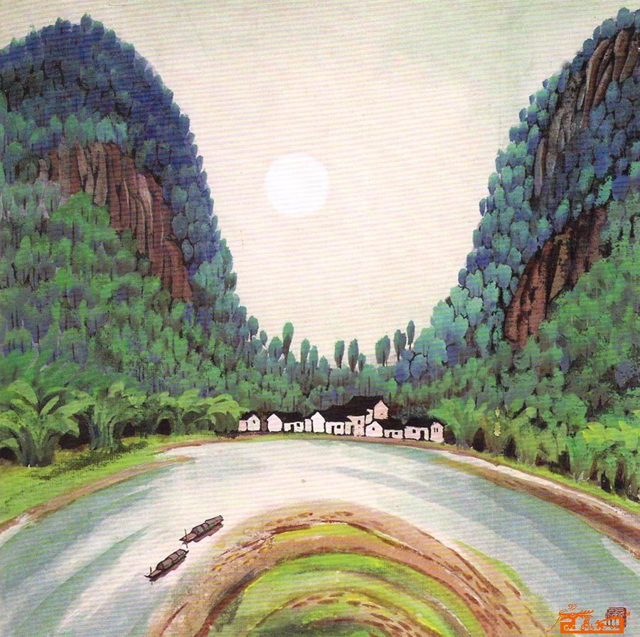 漓江湾处有小村-水粉墨画 